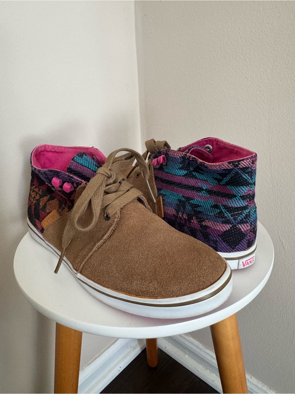 Vans Brown Suede & Teal/Purple Aztec Mid-Tops with Pink Lining